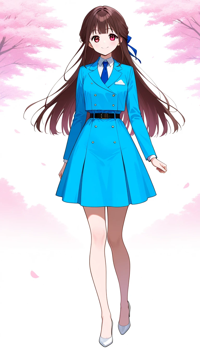 masterpiece、 top quality、Good quality、Love Minami、1 Girl、solo、 long hair on background、Brown Hair、 red eyes、bangs、smile、 full body style that reflects your whole body、Normal milk、 narrow waist 、Bare legs、 in a suit、Light blue jacket, collared shirt 、 white shirt、 blue tie,belt, light blue tight skirt ,white heel pumps、Anime Images、