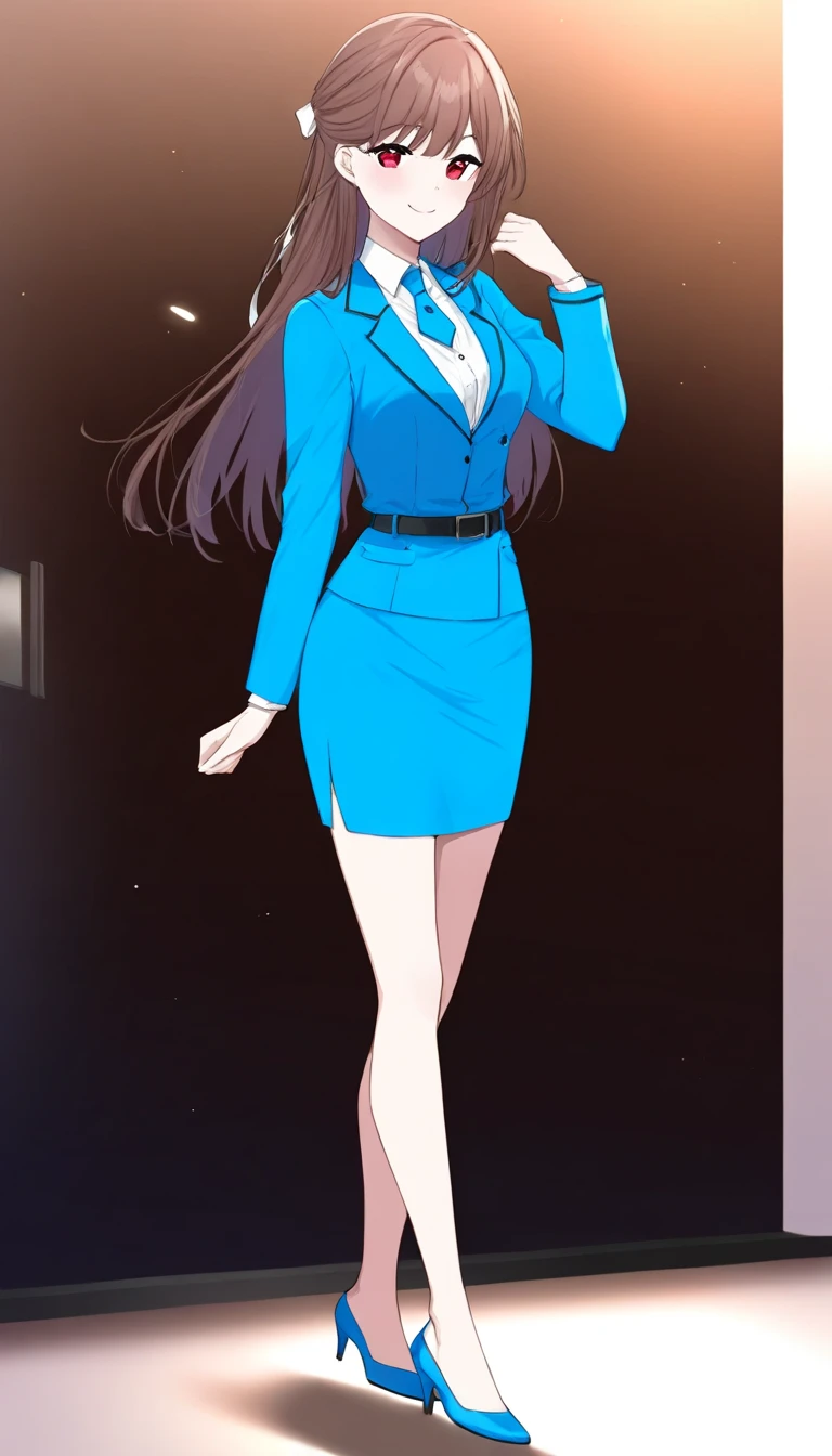 masterpiece、 top quality、Good quality、Love Minami、1 Girl、solo、 long hair on background、Brown Hair、 red eyes、bangs、smile、 full body style that reflects your whole body、Normal milk、 narrow waist 、Bare legs、 in a suit、Light blue jacket, collared shirt 、 white shirt、 blue tie,belt, light blue tight skirt ,white heel pumps、Anime Images、