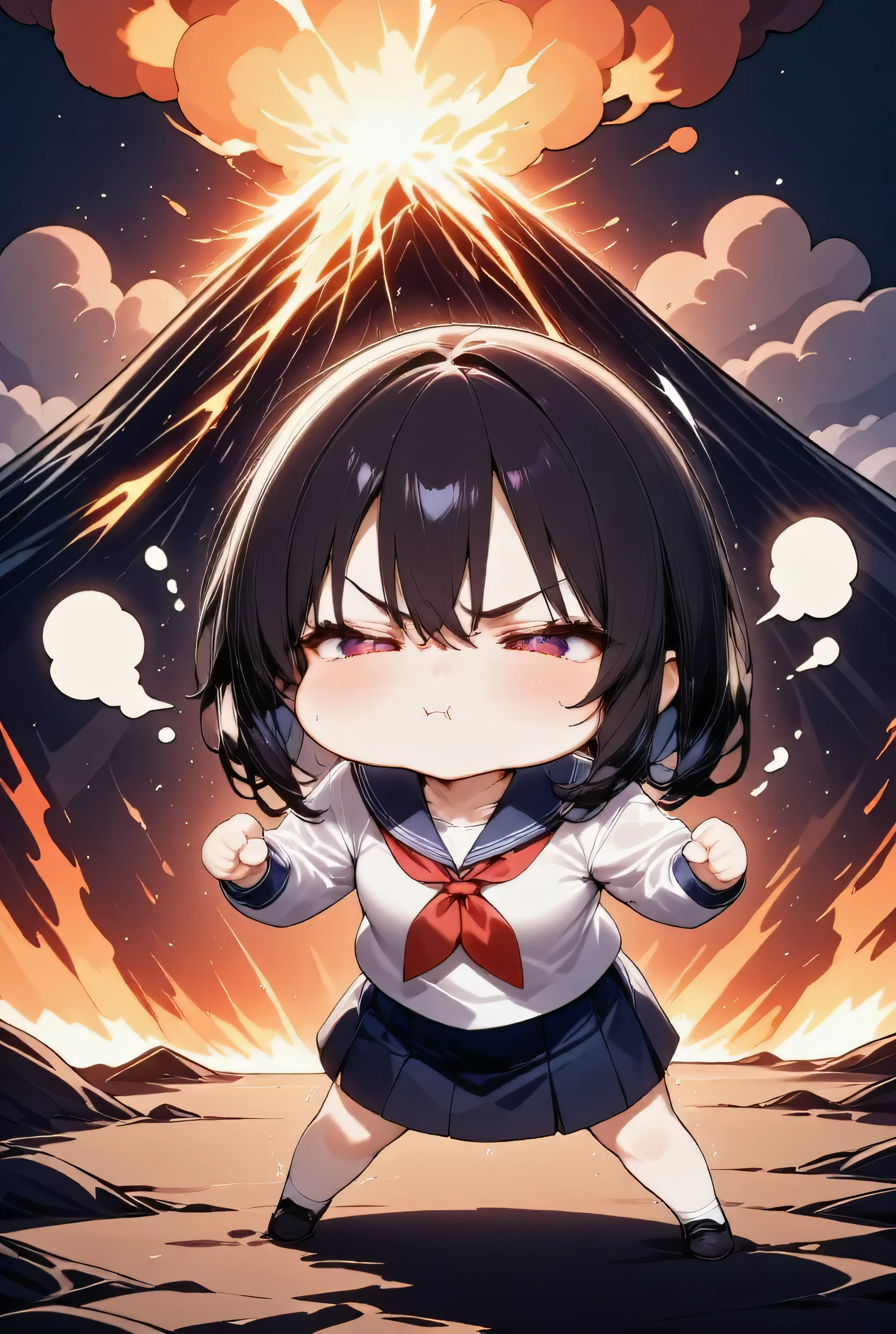 chibi,1girl, solo, full body,(puffy cheeks), (v-shaped eyebrows), trembling, anger effect,Hands raised, BREAK,background, volcano, huge eruption, lava spewing from the summit