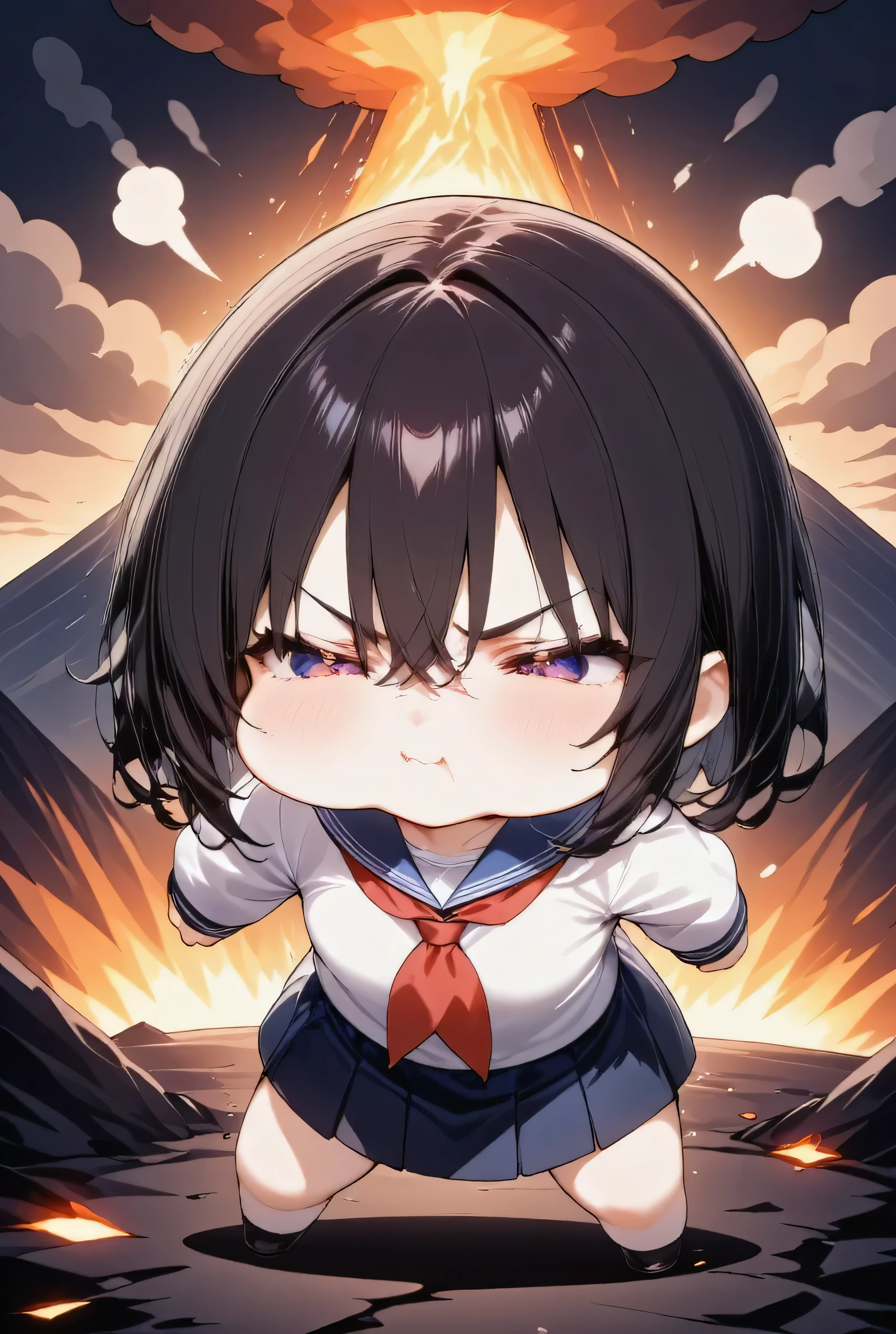 chibi,1girl, solo, full body,(puffy cheeks), (v-shaped eyebrows), trembling, anger effect,Hands raised, BREAK,background, volcano, huge eruption, lava spewing from the summit