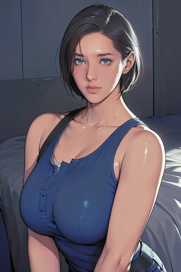 Half-body image:1，Jill Valentine，A firm look， serious expression ，busty mature ，Beauty，Broad shoulders， detailed skin，  pretty eyes，makeup， exquisite face ，masterpiece，  grey background