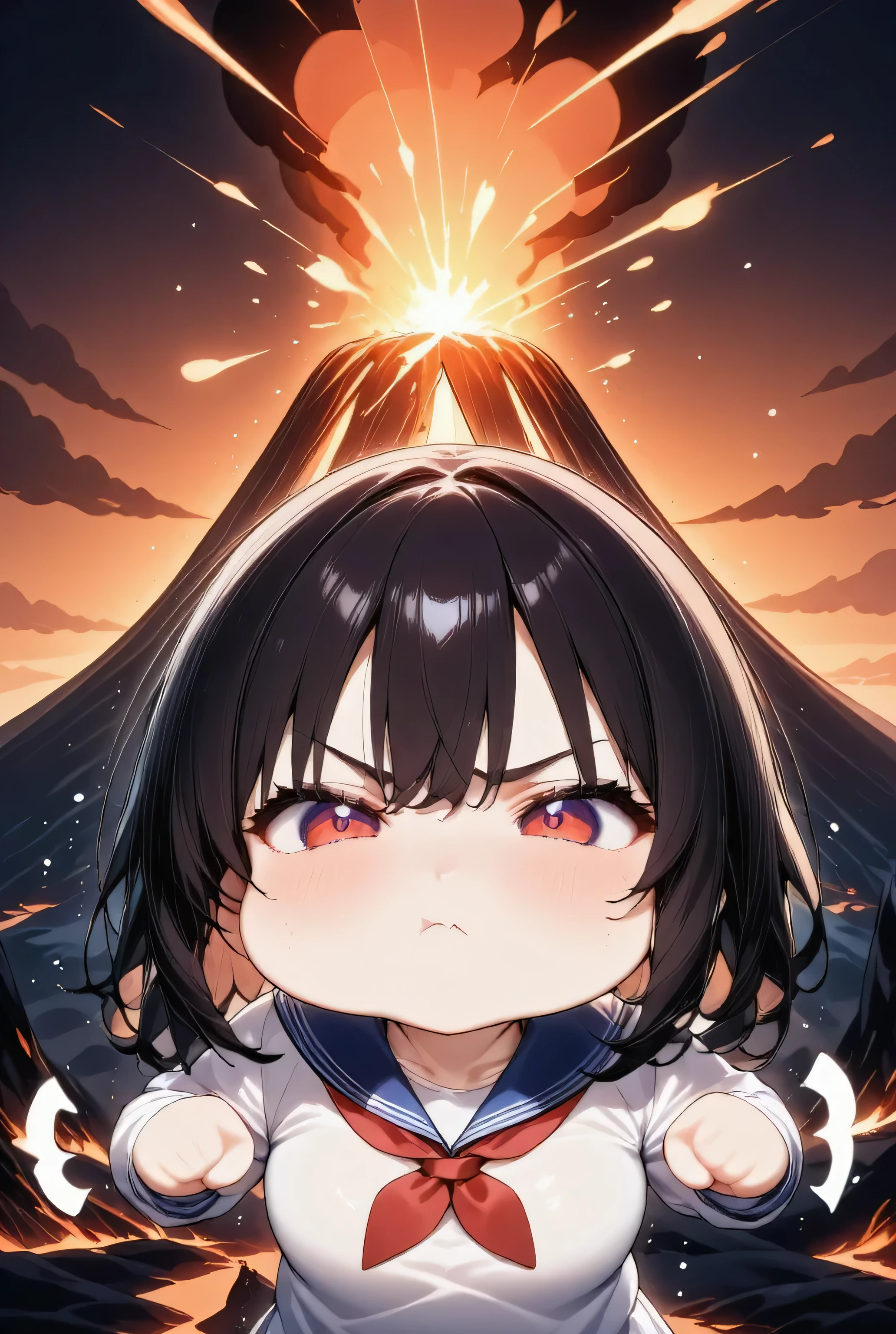 chibi,1girl, solo, full body,(puffy cheeks), (v-shaped eyebrows), trembling, anger effect,Hands raised, BREAK,background, volcano, huge eruption, lava spewing from the summit