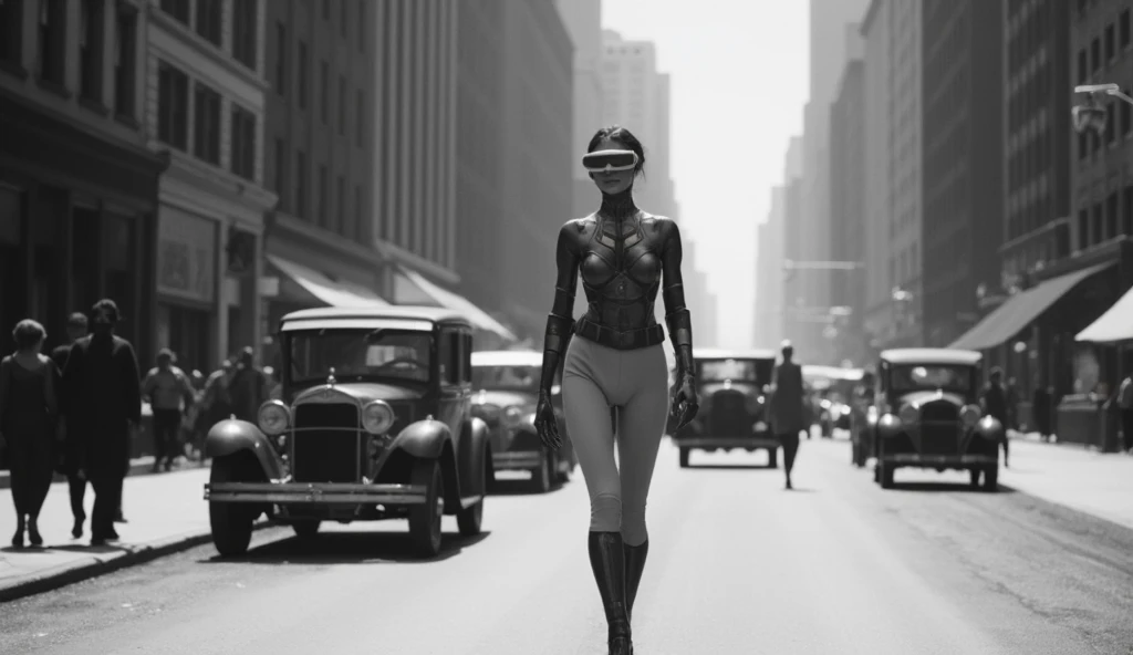 High quality photo. Hyperrealistic. 16K. Low angle. Retro. New York, 1930. Super-technological, half-woman, half-robot, walking down the street at full height. She has plastic armor on her head and virtual reality glasses. The robot is about 2 meters taller than people. Around are vintage cars from the 1930s. Very few people. The photo is black and white, the robot is in color.