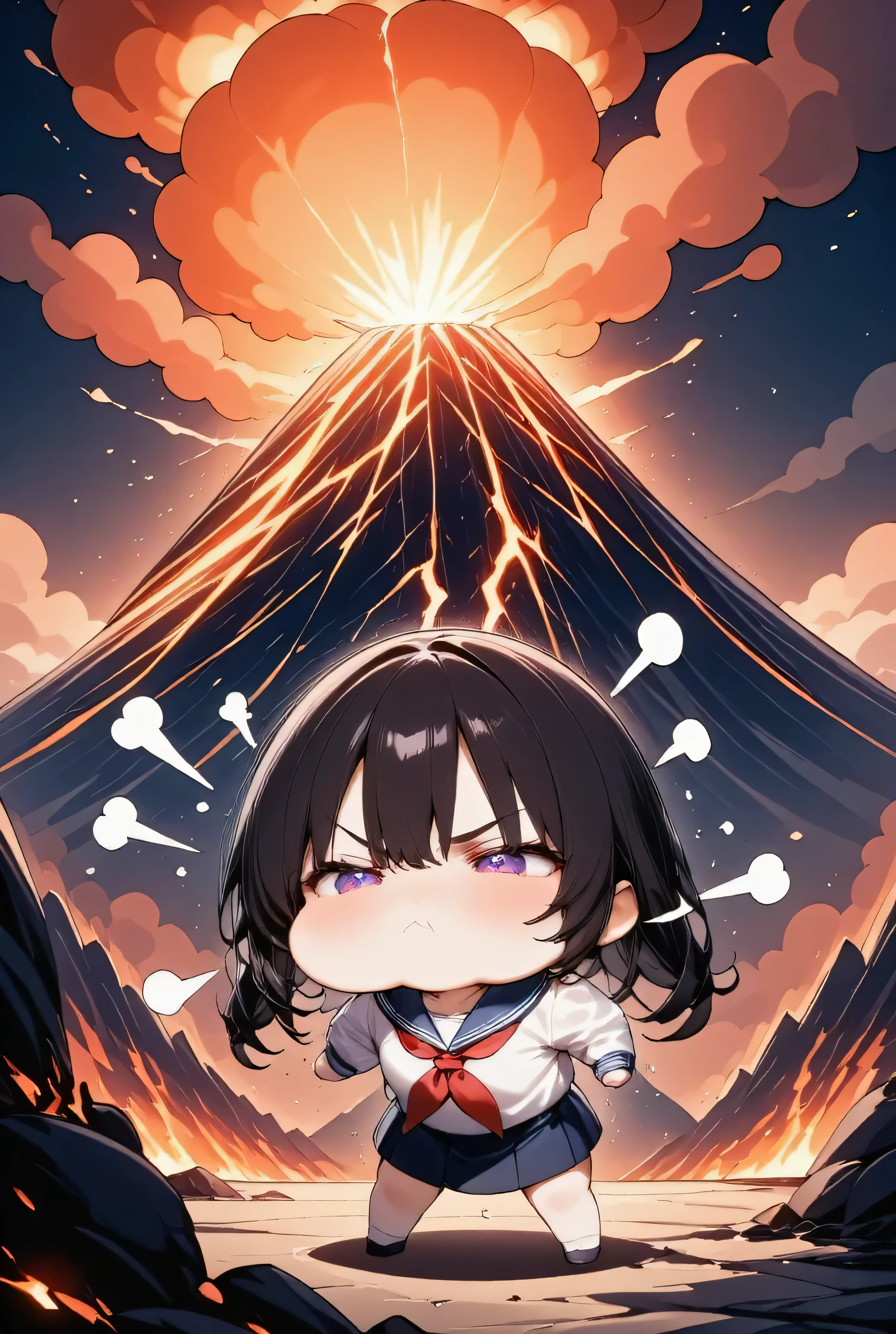 chibi,1girl, solo, full body,(puffy cheeks), (v-shaped eyebrows), trembling, anger effect, Hands raised, BREAK,background, volcano, huge eruption, lava spewing from the summit