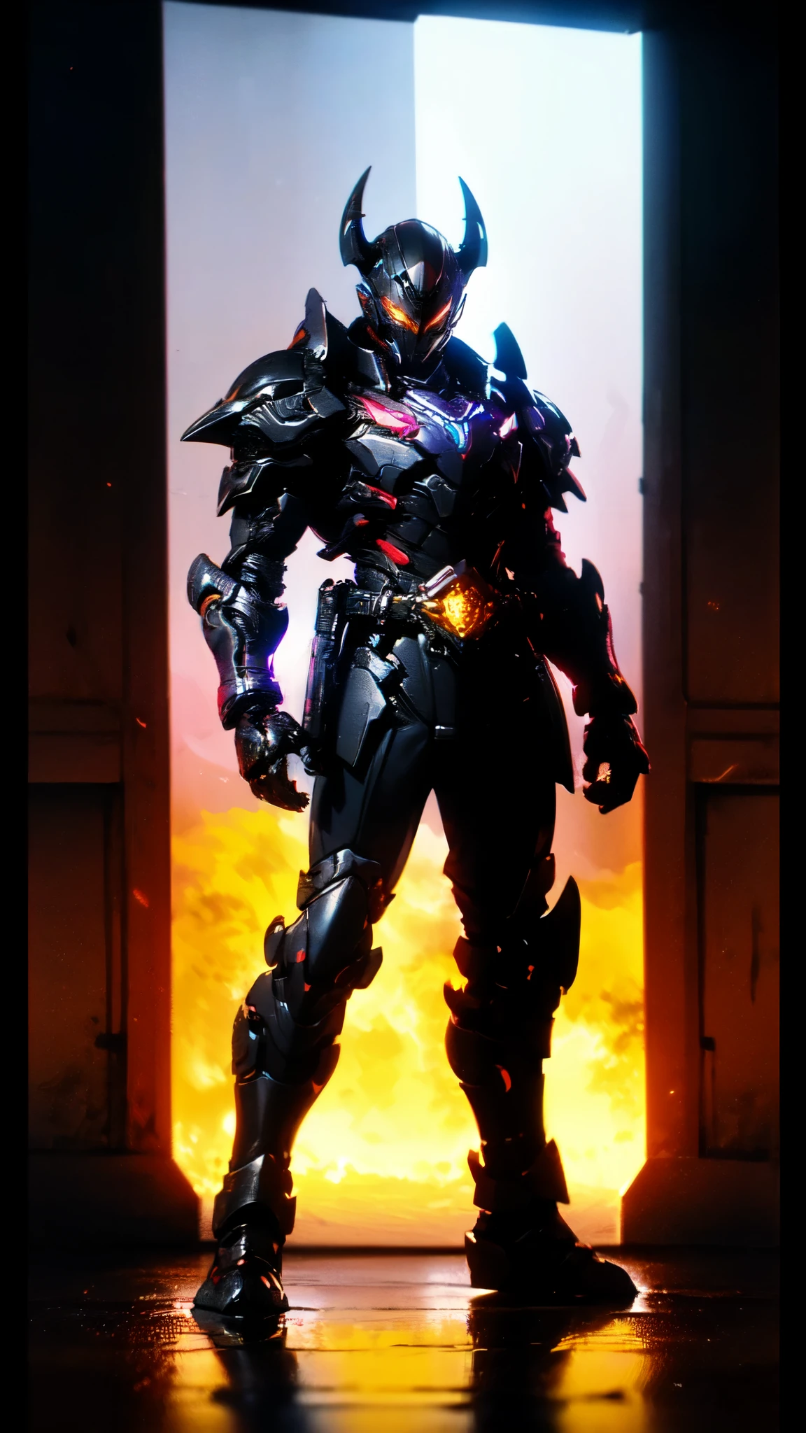 (masterpiece:1.5, best quality:1.5, extremely delicate:1.5), ((male:1.5)), a man wearing a full-face helmet, high-tech biomimetic armored combat suit, (a composite layered chest armor), the design balances heavy with agility, fully enclosed shoulder guards, matching arm and leg guards, a belt of gemstone, (the color scheme is primarily Red with Purple and Yellow accents, Organic Biotech, Concept Inspired by Vampire, glowing eyes, armor glows, huge cloak like devil wings, blood), stand of a futuristic sci-fi city, this character embodies a finely crafted fantasy-style armored hero in anime style, exquisite and mature art style, metallic, high definition, highres, ultra-detailed, ultra-fine painting, professional, perfect body proportions, golden ratio, anatomically correct, symmetrical face, extremely detailed eyes and face, high quality eyes, creativity, RAW photo, UHD, 32k, Natural light, cinematic lighting, (masterpiece-anatomy-perfect:1.2)