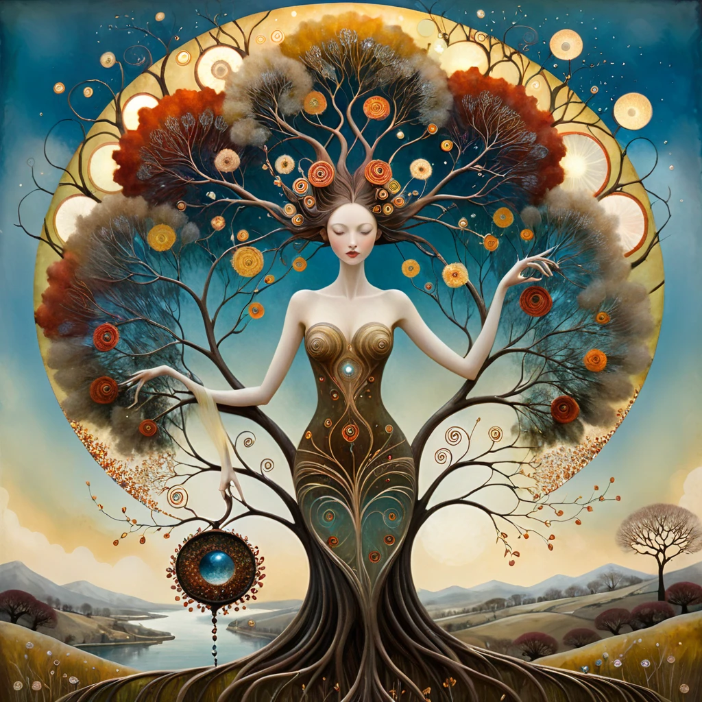 oil and acrylic painting. In the style of Andy Kehoe and Tracy Grimwood, Catrin Welz-Stein, Klimt. yggdrasill tree is a woman (beautiful bare breasts), transparent dress on a tuff promontory overlooking a valley with flowering apple trees, leaves like trees, rolling hills, rivers . The tree's trunk is twisted, cracked, its branches are of transparent blown glass expanding toward the sky in ellipses , its large roots are of rusty metal and sink into the ground. Dandelion flowers, poppies, pampas grass, cherry blossoms, dried flowers bloom. Sun disc-shaped polychrome buds with marbled spirals, sun rays like strands of coral, vitrified ambe. Warm colors, ochre yellows, browns, shades of blue, reds .
