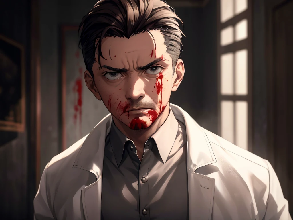 (glaring, scorn, parted lips), 1 male, (upper body), black eyes, ((sanpaku)), ((hair slicked back)), (dark brown hair), (white coat with bloodstain), cinematic lighting, dramatic lighting, Sharp Focus, (Best Quality, masterpiece, detailed, facial focus), (in the room, gray tone background), [old man, elderly], ((walking to viewer))