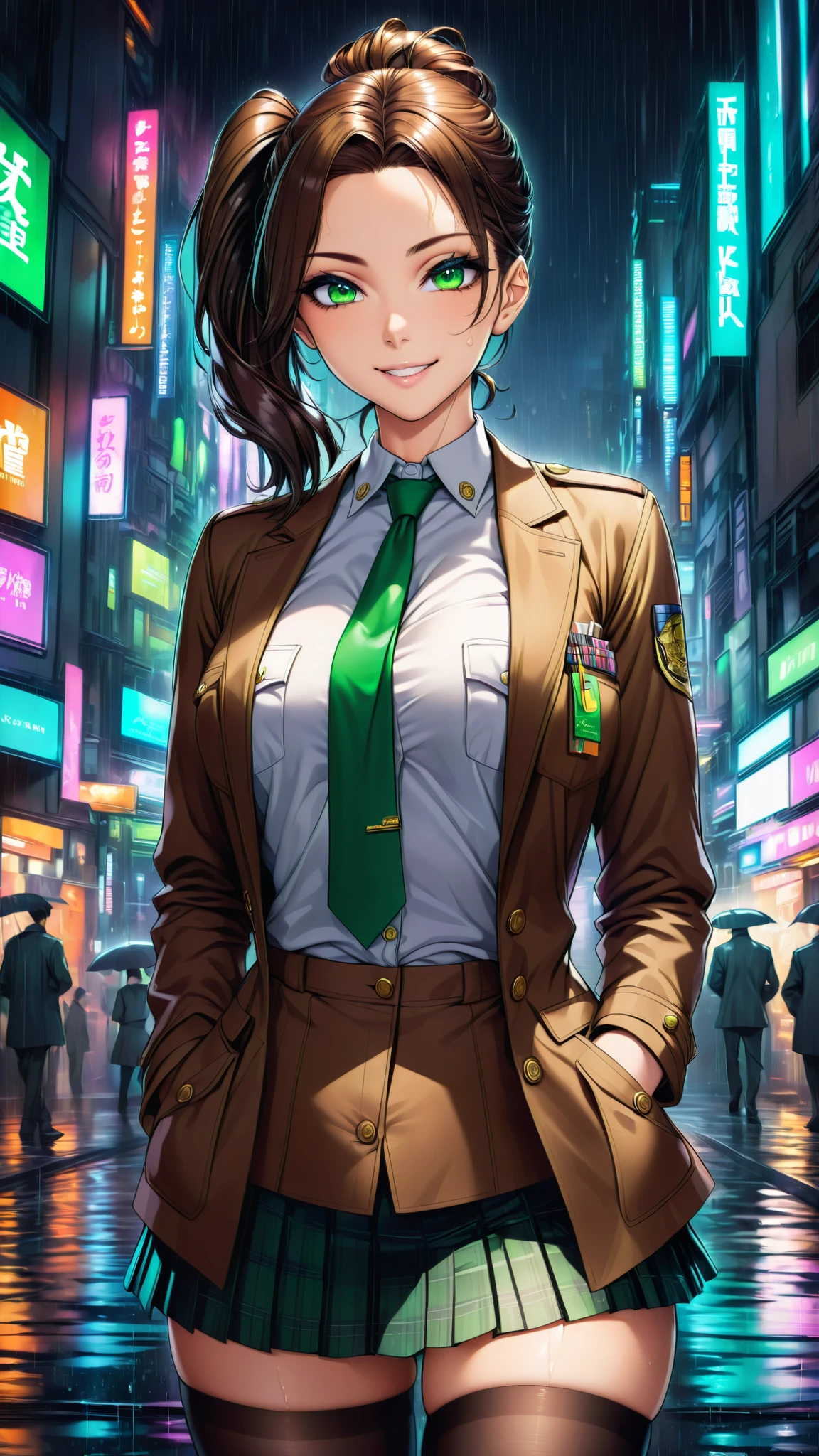 masterpiece, best quality, very aesthetic, semi-realistic detailed anime, Sharp Focus, high contrast, 1girl, detailed green eyes, smile, semi-long hair, dark brown silky hair, hair styled in a center-parted slicked-back look, side ponytail, contrapposto, Captivating thighs, uniform, brown blazers, (hads in pocket, unbutton), Green tie, Plaid Pleated Skirt, black tights, rainy cyber city, at night