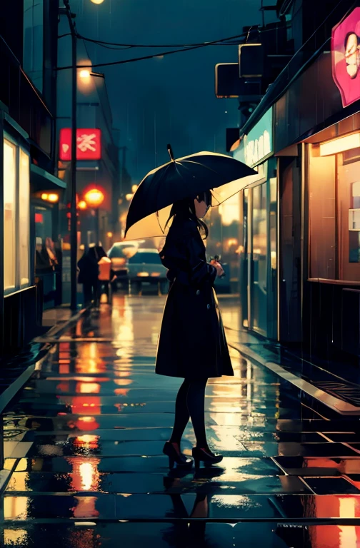 Dark Night、  woman、Neon sign reflected on a rainy sidewalk、restaurant along the street、 people are missing、 it's raining 、window