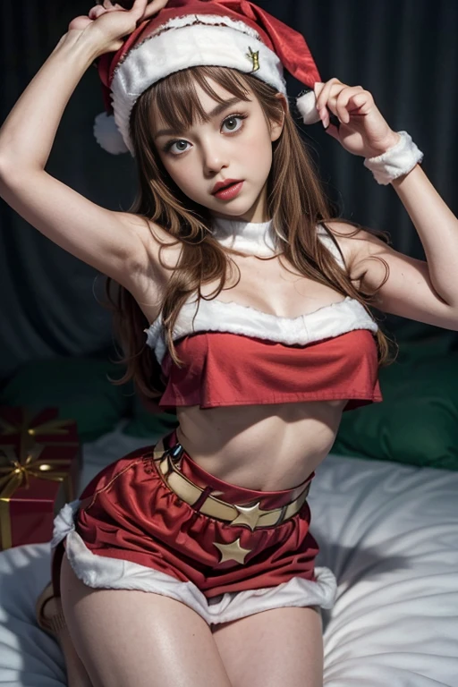 score_9, score_8_up, score_7_up, score_6_up, score_5_up, score_4_up, 1girl, yelan, christmas outfit, christmas hat, santa hat, posing, armpit pose, krekkov style,