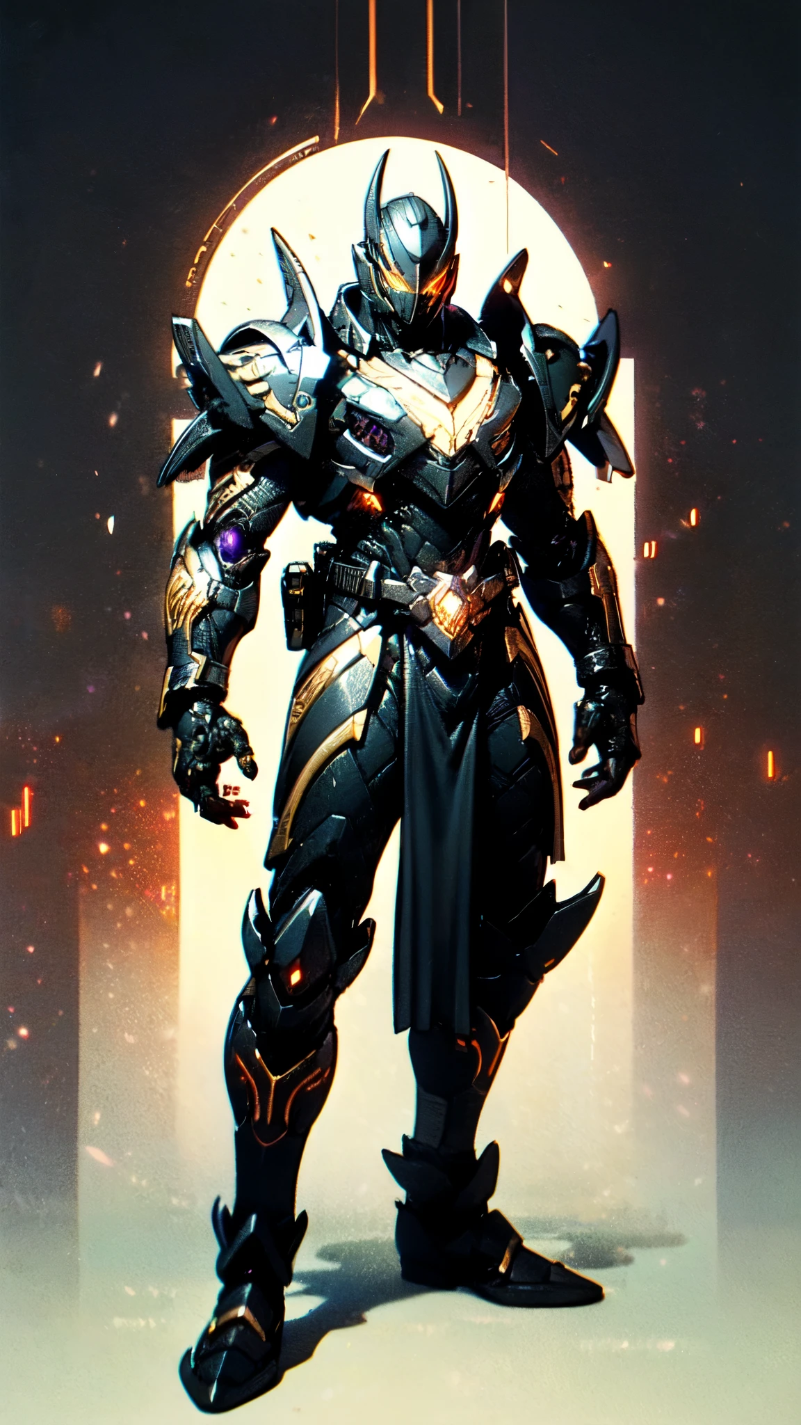 (masterpiece:1.5, best quality:1.5, extremely delicate:1.5), ((male:1.5)), a man wearing a full-face helmet, high-tech biomimetic armored combat suit, (a composite layered chest armor), the design balances heavy with agility, fully enclosed shoulder guards, matching arm and leg guards, a belt of gemstone, (the color scheme is primarily Red with Purple and Yellow accents, Organic Biotech, Concept Inspired by Vampire, glowing eyes, armor glows, huge cloak like devil wings, blood), stand of a futuristic sci-fi city, this character embodies a finely crafted fantasy-style armored hero in anime style, exquisite and mature art style, metallic, high definition, highres, ultra-detailed, ultra-fine painting, professional, perfect body proportions, golden ratio, anatomically correct, symmetrical face, extremely detailed eyes and face, high quality eyes, creativity, RAW photo, UHD, 32k, Natural light, cinematic lighting, (masterpiece-anatomy-perfect:1.2)