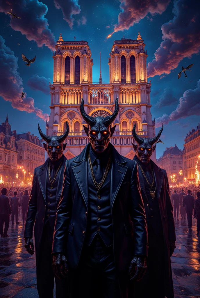 ((masterpiece)) ((photography)) ((Highest quality)) Create a surreal and striking illustration of the grand opening ceremony of Notre-Dame-de-Paris, reimagined in a fantastical and provocative setting. The scene features devils dressed in immaculate, high-fashion suits inspired by world leaders and famous figures, posing with presidential gravitas. The devils stand proudly in front of the illuminated cathedral, their costumes detailed with sharp tailoring and gothic elegance, exuding power and mystery.  

The celebration includes an eclectic mix of music festivals: a rock concert with pyrotechnics lighting up the Parisian night sky, a ritualistic satanic choir with glowing red candles, and a lively crowd enjoying diverse festivities. The atmosphere is vibrant and surreal, blending historical grandeur with a modern, rebellious twist. Add intricate lighting effects, emphasizing the contrast between the cathedral's historic architecture and the avant-garde festivities.