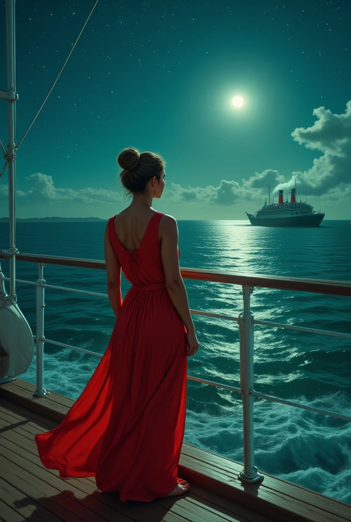 Magic style, realism, illustration,
The image shows a woman standing on the deck of a cruise ship, looking out at the ocean. She is wearing a red dress and has her back to the camera, with her hair tied up in a bun. The sky is filled with stars and a full moon, and the ocean is a deep blue-green color. In the distance, there is a large cruise ship with smoke coming out of its smokestacks. The ship appears to be sailing on the water, with the waves crashing against the deck. The overall mood of the image is peaceful and serene.