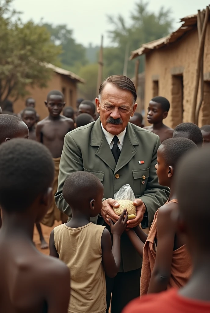Adolf Hitler wearing helmet surrounded by kids from Africa. Nazi Germany flag waving on the background. 