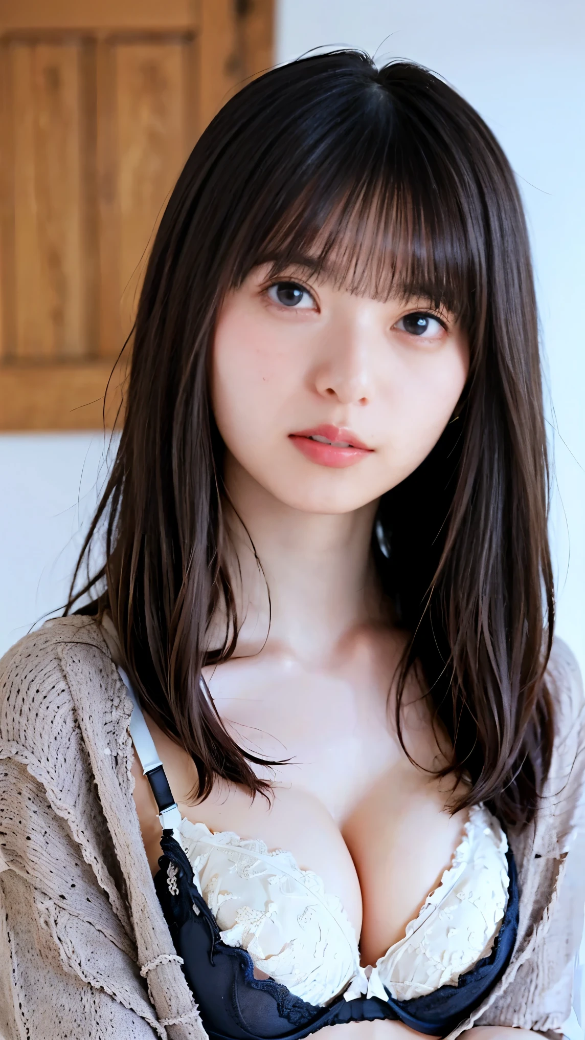 japanese girl,30 old,(bangs,long hair ),(full open bra:1.5),highly detailed eyes, (white skin:1.1,heavy makeup), highest quality, Super detailed,from adove ,squat,front open cardigan,m legs