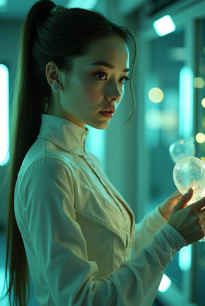 dynamic motion shot of a Indonesian women ghost, pale white skin,long Celtic white braided hair,with a face of Alien creature-octopus look like with many tentacles swirling around her. she was repair the control panel.wet and dense. the background is inside a wrecked spaceship room. lit from behind with a neon limegreen industrial lamp,dark, illuminated by bluish neon lights. candid style.