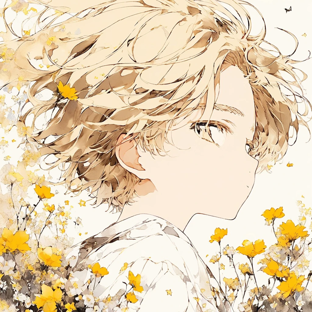  amazing、A boy holds chocolate in his mouth、 smooth and blond hair、  hair blown in the wind  、 profile、universe、flower