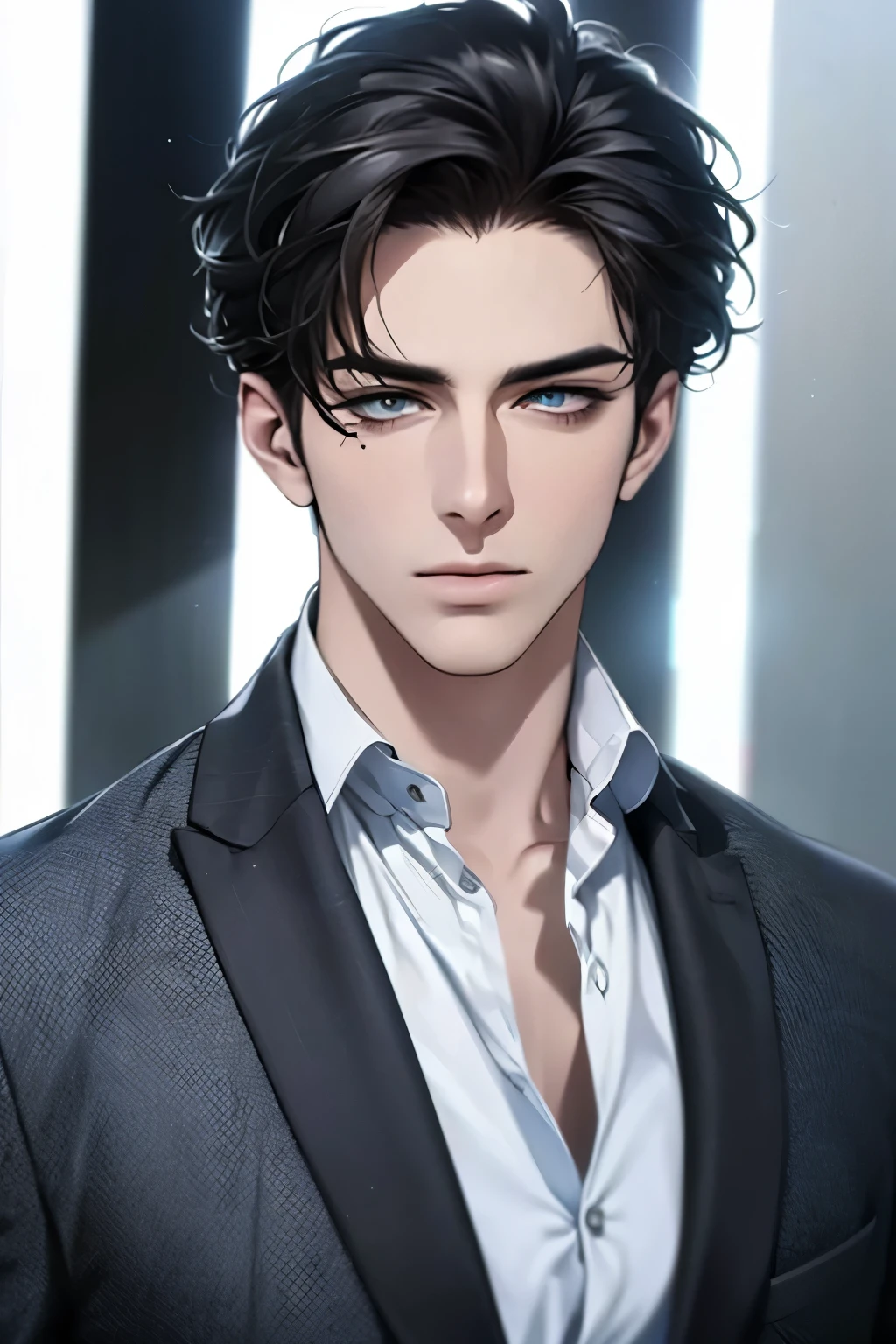 (Best Quality,4k,8k,high resolution,Masterpiece:1.2),ultra detailed,(realist,photorealist,photo-realist:1.37),1 man,31 years,mature man,very handsome,without expresion,short gray black hair,Blue eyes,glare,perfect face without mistakes,imposing posture,businessman,cinematic lighting,imagen HDR tall, lean, head to waist image,wearing business suit