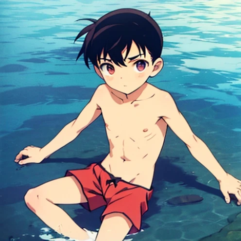 Boys, swimming trunks, Slim Sexy , black hair,  naked body,  Red-Faced, 