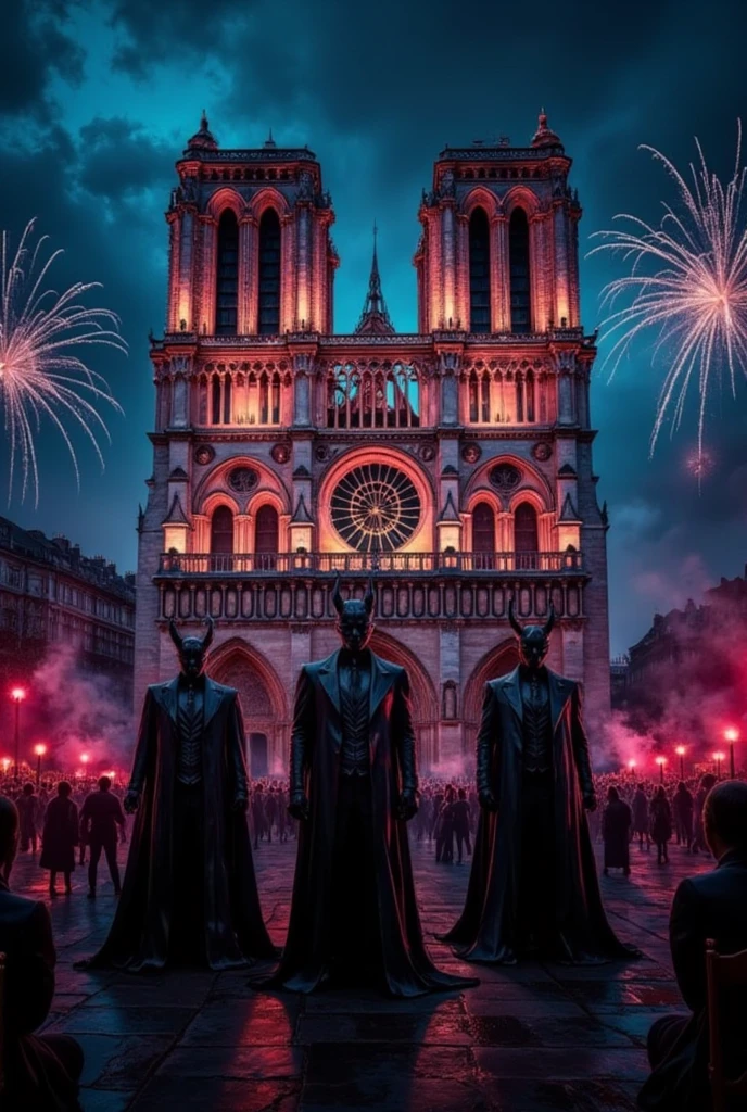 ((masterpiece)) ((photography)) ((Highest quality)) Create a surreal and striking illustration of the grand opening ceremony of Notre-Dame-de-Paris, reimagined in a fantastical and provocative setting. The scene features devils dressed in immaculate, high-fashion suits inspired by world leaders and famous figures, they looks like Macron, Trump, Poutine... posing with presidential gravitas. The devils stand proudly in front of the illuminated cathedral, their costumes detailed with sharp tailoring and gothic elegance, exuding power and mystery.  

The celebration includes an eclectic mix of music festivals: a rock concert with pyrotechnics lighting up the Parisian night sky, a ritualistic satanic choir with glowing red candles, and a lively crowd enjoying diverse festivities. The atmosphere is vibrant and surreal, blending historical grandeur with a modern, rebellious twist. Add intricate lighting effects, emphasizing the contrast between the cathedral's historic architecture and the avant-garde festivities.