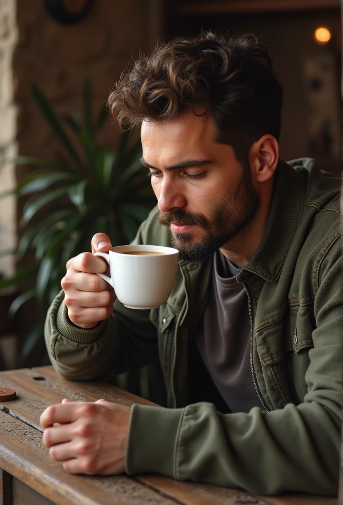 Arafed man sitting at a table with a cup of coffee - SeaArt AI