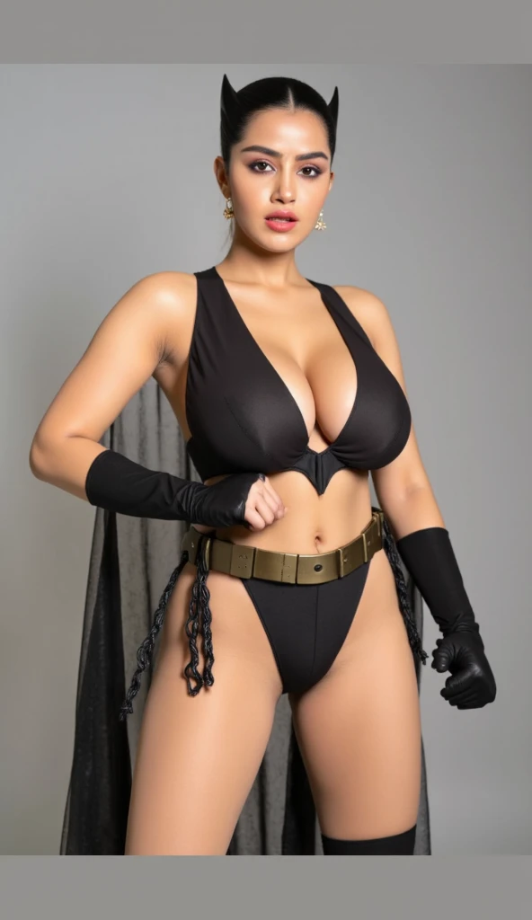 A batman costume marvel with bra and panties,full body,front view,big boobs,cleavage,standing position,anupama,cleavage,angry face,ponytail,red lipstick