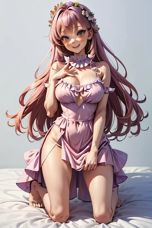 woman kneeling in flowers, Smooth anime CG art, one-girl，Wearing a light purple-pink long dress，Hair flutters，Purple hair、adolable，Pure，White tulle sun dress、Red blush，full bodyesbian，full body pov,highly detailed exquisite fanart,animemanga girl，Delicate facial features，delicate finger，Obvious joints，The thighs are invisible