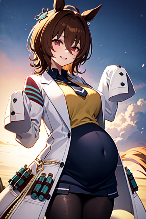  Agnes Tachyon 、Horse Girl、One person、 girl、Horse ears、Horse tail、 earring on one side 、Red eyes、 lines in eyes 、 shorthair、 brown hair 、Jacket、（White coat:1.2)、(bigger sleeve than wrist :1.1)、 yellow big sweater、 ties、 black pantyhose 、Stray hair、best qualty,evil smile、slender 、pregnant women