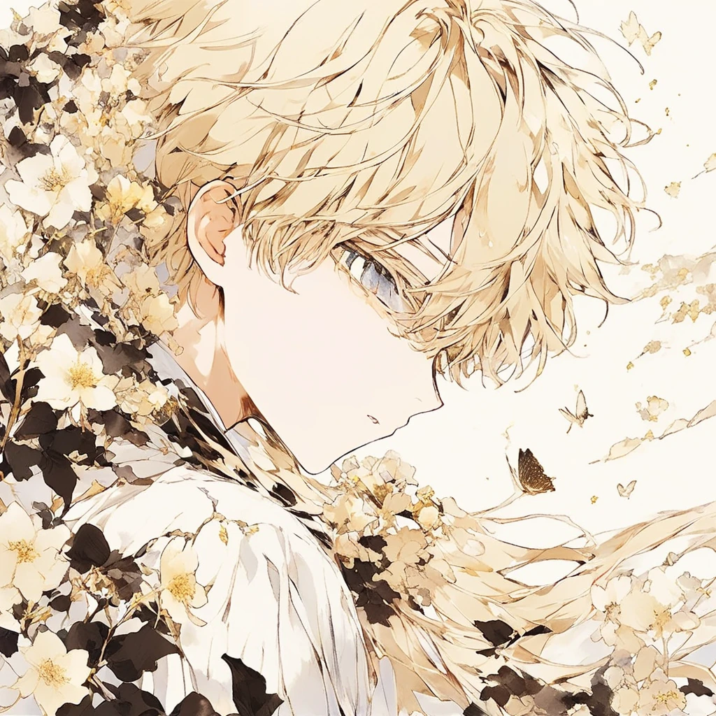  amazing、A boy is eating chocolate、 smooth and blond hair、  hair blown in the wind  、 closes the eye、 profile、universe、flower