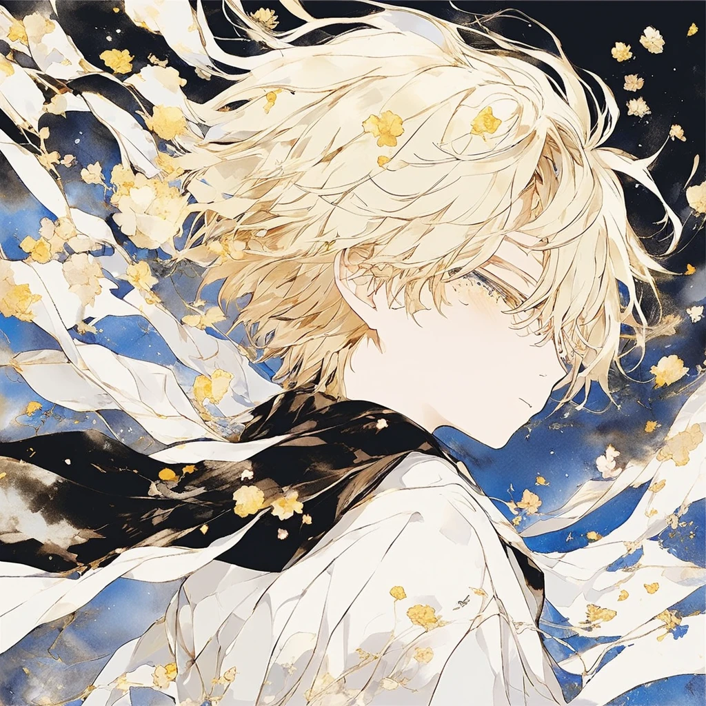  amazing、A boy is eating chocolate、 smooth and blond hair、  hair blown in the wind  、 closes the eye、 profile、universe、flower