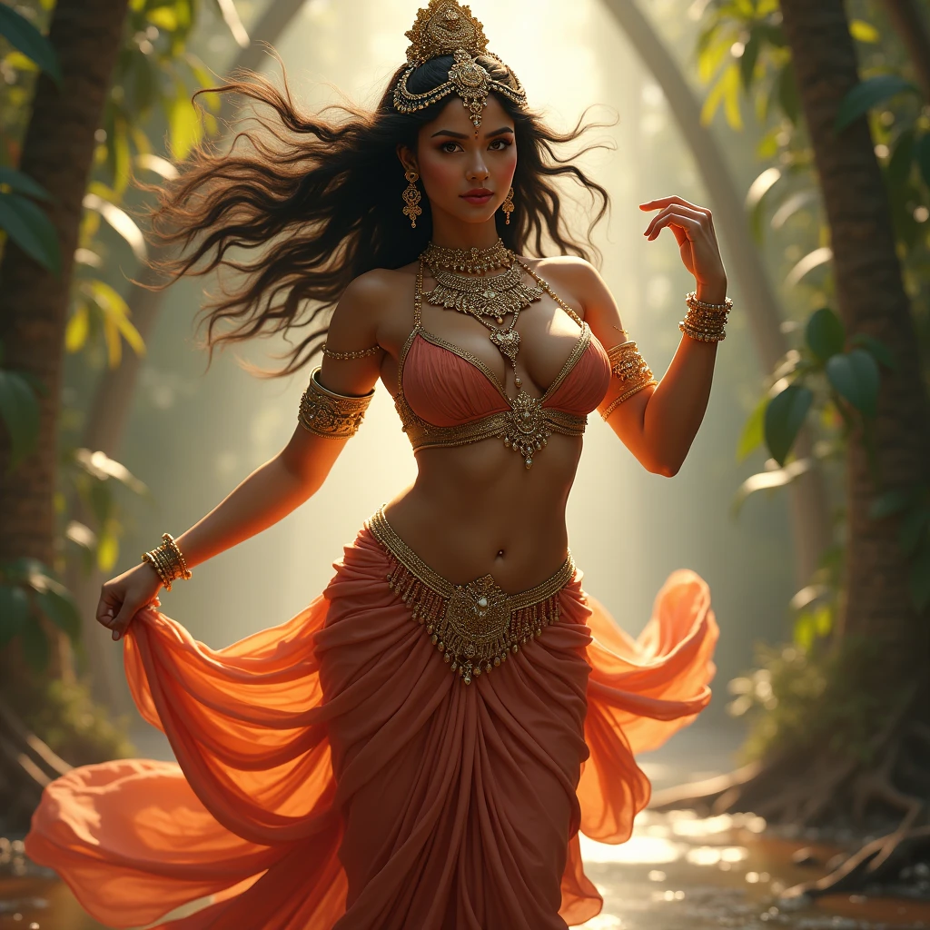 Full body pose, Latina, 40 years old Daisy Marie, 34dd's naturals, round firm butt, as a Egyptian Queen goddess with golden trimmed see-through body hugging skin-tight white dress, body silhouette seen under and ornated with Egyptian Royalty jewelry, masterpiece, best quality, highly detailed, official art extremely detailed CG unity 8k wallpaper, 8k resolution, absurdres, full body, female, queen, goddess, idol, solo, makihitsuji, short eyebrows, V v-shaped eyebrows, gradient_eyes, tsurime, heart-shaped mouth, lipstick, 2D blush stickers, blush, jitome, naughty face, nose blush, smug, thinking, seductive smile, smirk, grin, hair over shoulder, long hair, hair between eye, braided bangs, blunt bangs, shiny hair, hair behind ear, crescent hair ornament, hair flower, hair rings, bracelet, drop earrings, puppet rings, sapphire brooch, jewelry, necklace, bangle, pendant, stud earrings, sunburst, hoop earrings, gauntlets, arm strap, skirt lift, lace trim, spaghetti strap, armlet, nail polish, make up, stain glass, mosaic background, colourful glass, ceiling window, water vapor, city, temple, stadium, fountain, standing, arched back, head tilt, leaning forward, hand on own stomach, hand to mouth, looking to the side, dramatic angle, stare, look at viewer, cocked eyebrow, castle, swimming pool, tunnel, in summer, sun, sky, meteor shower, hills, on a desert, plateau, cliff, canyon, oasis, waterfall, stream