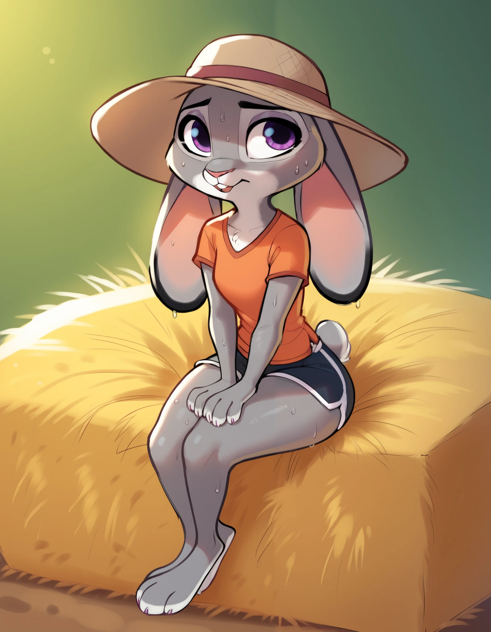 score_9, score_8, score_7,SirocStyle, judy hopps, clothed, clothing, disney, female, fur, grey body, grey fur, hat, hay, headwear, lagomorph, leporid, light, lighting, mammal, purple eyes, rabbit, sitting, solo, sweat, sweatdrop, sweaty body, sweaty legs, sweaty thighs