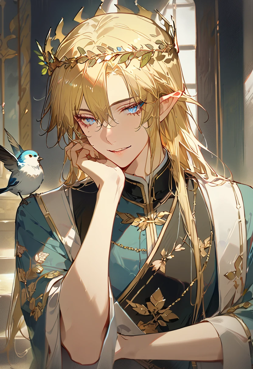 ((masterpiece), (best quality), (8k) ,(4k)) , ((male), (1 person)) ((elf King), (Golden Blond), (Blue greenish eyes), (gold wreath crown), (hair ornament), (long hair), (finely detailed eyes and detailed face)), looking at viewer, ((black sleeveless), (half robe), (patterned clothes), (gold embroidery clothes), (meticulous clothes)), majestic looks, smiling gently, small bird, full body, inspired by Asukaziye artist : ask, art style : ask