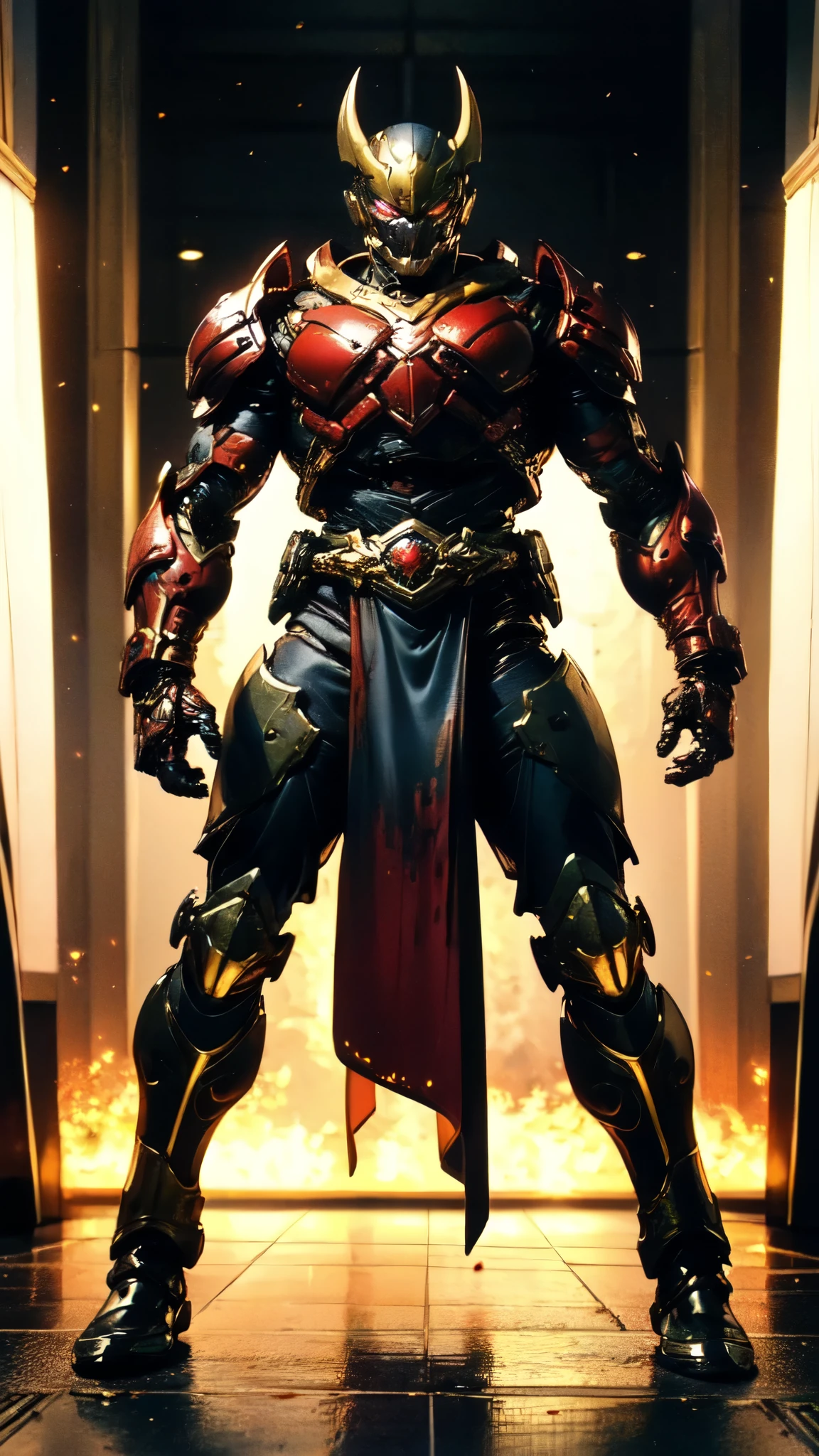 (masterpiece:1.5, best quality:1.5, extremely delicate:1.5), ((male:1.5)), a man wearing a full-face helmet, high-tech biomimetic armored combat suit, (a composite layered chest armor), the design balances heavy with agility, fully enclosed shoulder guards, matching arm and leg guards, a belt of gemstone, (the color scheme is primarily Red with Purple and Yellow accents, Organic Biotech, Concept Inspired by Vampire, glowing eyes, armor glows, huge cloak like devil wings, blood), stand of a futuristic sci-fi city, this character embodies a finely crafted fantasy-style armored hero in anime style, exquisite and mature art style, metallic, high definition, highres, ultra-detailed, ultra-fine painting, professional, perfect body proportions, golden ratio, anatomically correct, symmetrical face, extremely detailed eyes and face, high quality eyes, creativity, RAW photo, UHD, 32k, Natural light, cinematic lighting, (masterpiece-anatomy-perfect:1.2)