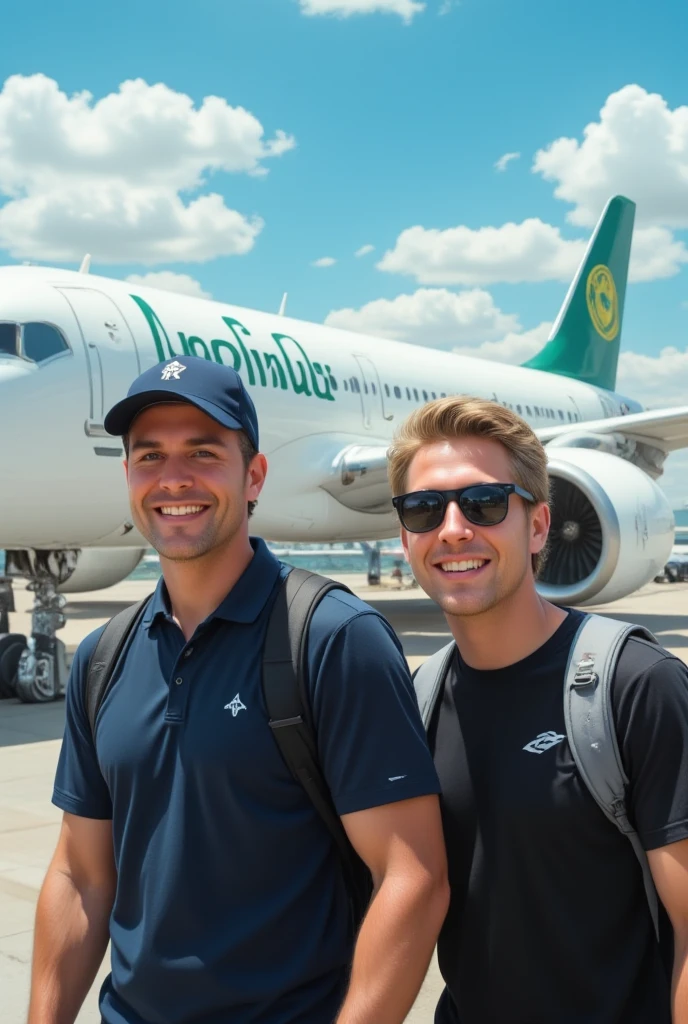 Magic style, realism, illustration,
This is a vibrant, high-resolution photograph capturing two men standing in front of an airplane on a sunny day. The men are smiling broadly, exuding a sense of joy and camaraderie. The man on the left is wearing a navy blue baseball cap with a white logo, a navy blue polo shirt, and a black backpack with a white logo on the front. The man on the right has short, light brown hair and is wearing black sunglasses, a black t-shirt, and a gray backpack. Both men have a relaxed, vacation-ready appearance.

In the background, a large, white airplane with the airline logo "Aer Lingus" prominently displayed on its tail is visible. The airplane is parked on the tarmac, with the front section of the plane facing the camera. The sky above is a bright blue, dotted with a few fluffy white clouds. The airport terminal and other planes are visible in the background, indicating a busy, bustling airport environment. The image is taken in daylight, with the bright sunlight casting clear shadows and illuminating the scene brightly. The overall atmosphere is cheerful and travel-oriented, emphasizing a sense of excitement and adventure.