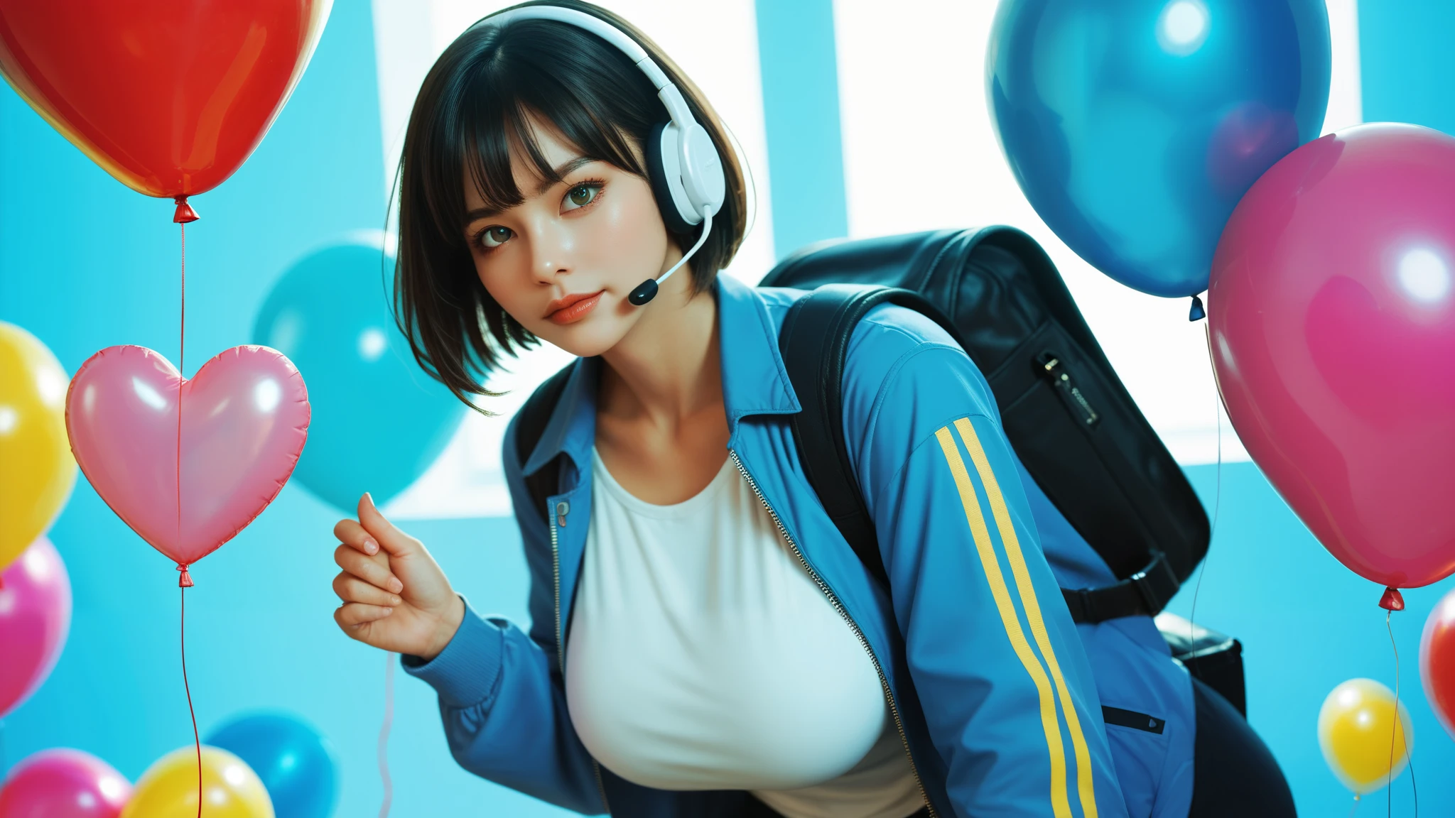 score_9, score_8_up, score_7_up, score_6_up, score_5_up, score_4_up, girl, holding balloon, looking at viewer, backpack, jacket, huge breasts, (headset), short hair, bangs, heart balloon, floating balloons, balloons, vibrant, serious expressions, beauty, leaning forward, exquisite, masterpiece, grey,