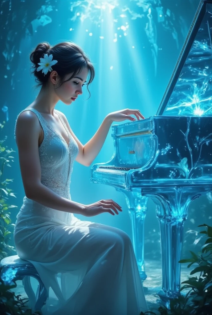 Magic style, realism, illustration,
This photograph captures a serene and ethereal scene featuring a young Asian woman playing a grand piano. She is dressed in an elegant, flowing white gown adorned with delicate lace and intricate embroidery. The dress has thin straps and a low-cut neckline, showing her slender figure and fair skin. Her dark hair is styled in an elegant updo, adorned with a white flower on the left side, adding a touch of natural beauty to her appearance.

The piano she plays is an exquisite, translucent blue grand piano, its surface shimmering with a crystalline quality. The keys are black and white, and the instrument's legs are intricately designed, adding to its ornate appearance. The woman's fingers are poised delicately over the keys, indicating she is in the middle of playing.

The background is a mystical, underwater environment with a blue hue, suggesting an otherworldly setting. The scene is filled with soft, diffused light, creating a dreamy atmosphere. The background includes abstract, glowing shapes and plants, adding to the surreal ambiance. The overall composition of the image is balanced and harmonious, blending the ethereal beauty of the woman with the enchanting underwater world.