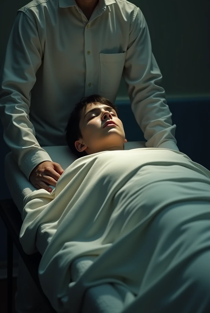 Mortician dressing a dead teenage boy in a satin shroud lying on steel embalming table in mortuary eyes closed mouth closed full view