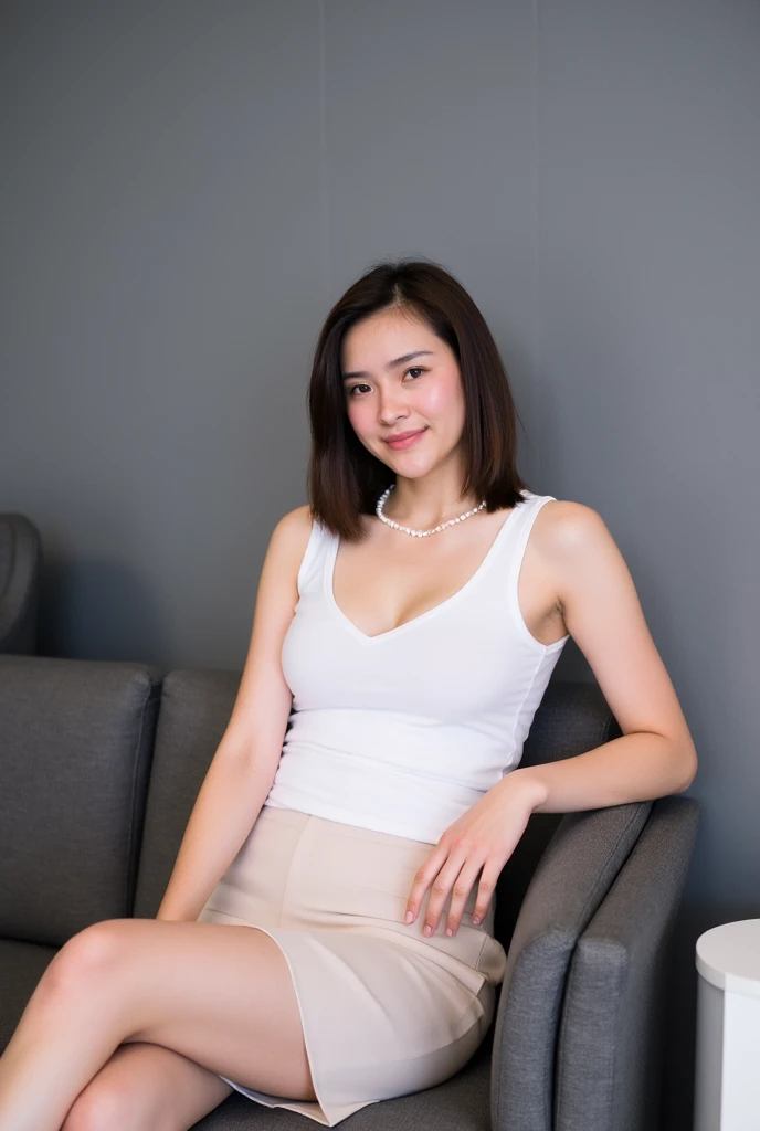 (masterpiece:1.2,8k, raw photo, ultra quality), absurdres, (photo realistic:2), high detail raw color photo,skiny skin, professional photograph,((best quality))、Beautiful Japanese office lady、Denim mini skirt、A tight, see-through white T-shirt、Panty peeking、(Magenta Panties)、smile、(View your viewers)、short hair、Gray background、Sit on a chair、Flash photography、cleavage cutout、skirt lift、lifted by self