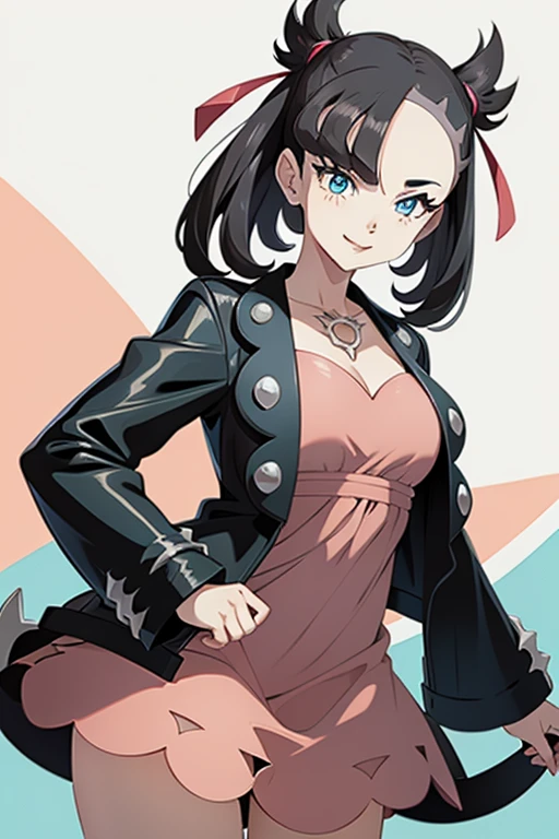 ((Marnie)), smile,  Voluminous ,  clevis,  black hair,  wave hair,  hair ribbon,   pink dress  ,  black jacket , Mature Adult,  cowboy shot,