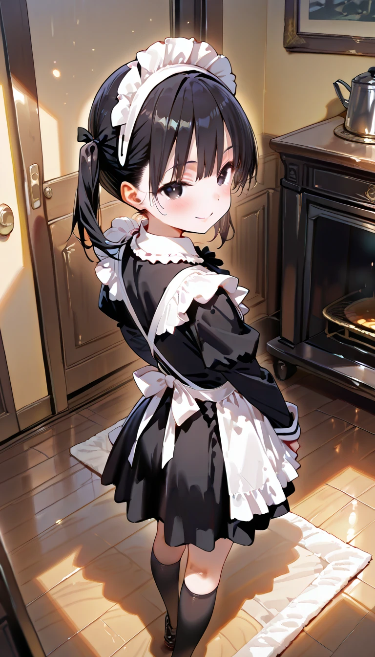 master quality,8k,more detail,from above,from back,1girl,***ite,black hair,short hair,twin tails,black eyes,maid,black kneehighs,standing,smile,living room