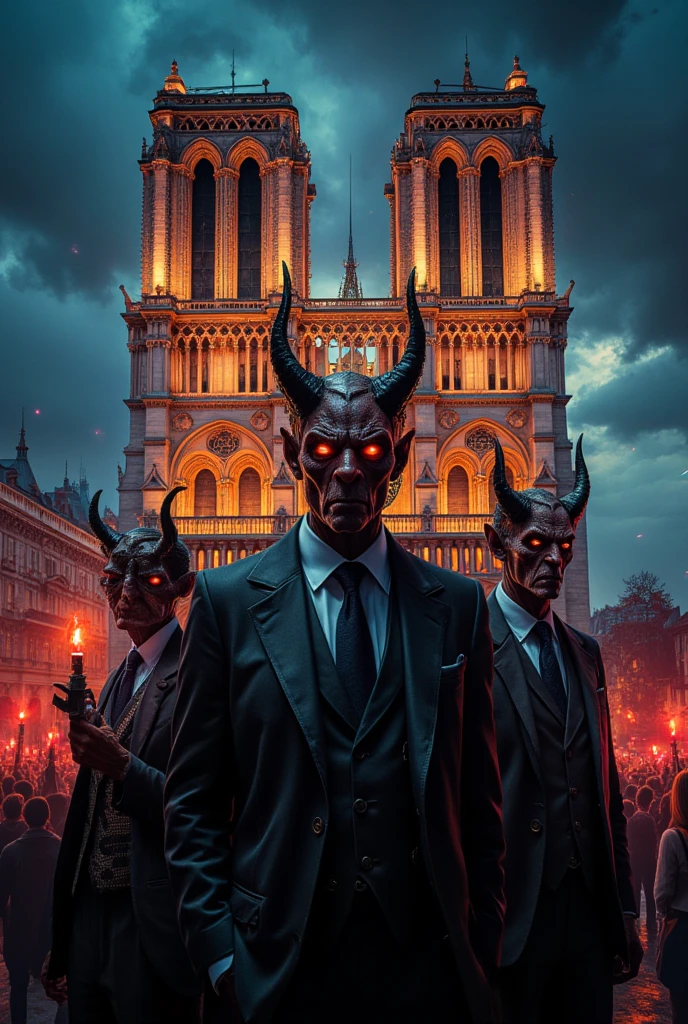 ((masterpiece)) ((photography)) ((Highest quality)) Create a surreal and striking illustration of the grand opening ceremony of Notre-Dame-de-Paris, reimagined in a fantastical and provocative setting. The scene features devils dressed in immaculate, high-fashion suits, resembling world leaders such as Emmanuel Macron, Donald Trump, Vladimir Putin, and other iconic presidents. They stand with presidential gravitas, their faces eerily recognizable yet subtly devilish, blending human features with sinister elements like subtle horns and glowing red eyes.  

The devils pose confidently in front of the illuminated cathedral, their costumes showcasing sharp tailoring with gothic embellishments, exuding power and mystique. Around them, the celebration unfolds with an eclectic mix of music festivals: a fiery rock concert with spectacular pyrotechnics, a ritualistic satanic choir holding glowing red candles, and a diverse crowd reveling in surreal festivities.  

The atmosphere is vibrant and layered, blending the majestic historical grandeur of Notre-Dame with a modern, rebellious, and fantastical twist. Use dramatic lighting to emphasize the contrast between the cathedral’s iconic architecture and the chaotic, avant-garde festivities.