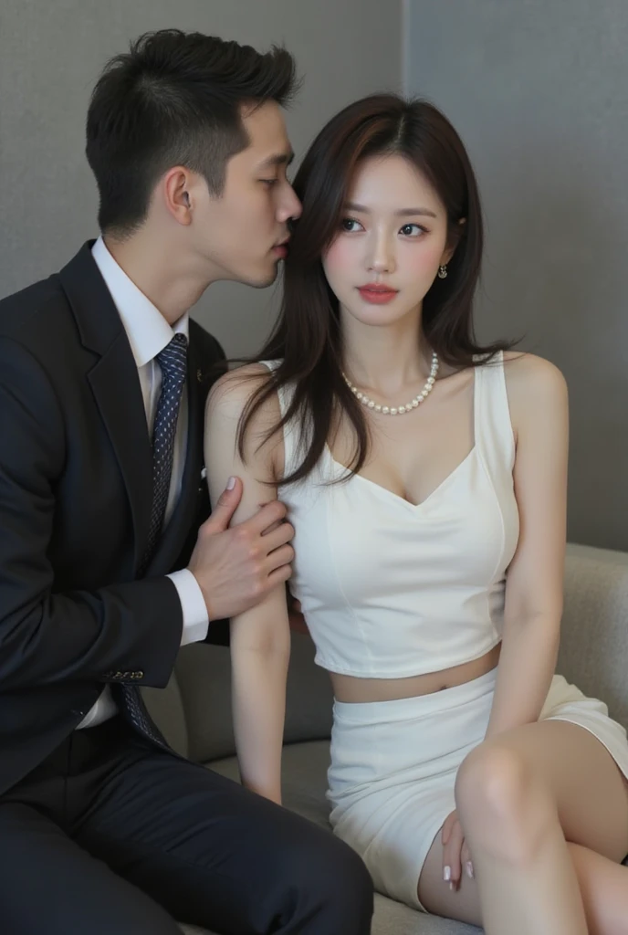 A Thai male chauffeur kissing the armpit of a 50-year-old Thai woman, who is a company executive. She is dressed in a white V-neck tank top, a short skirt, and a pearl necklace. The woman appears slightly sweaty, seated on a sofa against a gray wall, exuding an air of authority and sophistication.