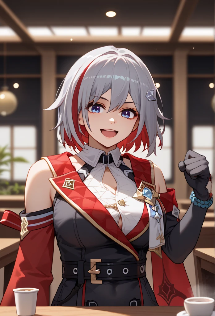  score_9,  score_8_up,  score_7_up,  source_Anime,  1 girl , ,  blue eyes, Red Hair,  white-haired, Grey Hair, multicoloRed Hair,  Bicolor Hair ,  striped hair, Colored inner hair,  shorthair,  hair ornament ,  Big Breasts , Bare Skin,  detached sleeve, gem,  white shirt,  colored shirt ,  clevis,  button gap ,  clevis cutout,  clothes cutout , Covered navel,  Black Gloves , elbow gloves, black belt,  black shorts ,  hip vent,  thigh strap to hide one ear, Mole on thigh,  red cloak, side cape ,  standing, the smell of topaz ,Topaz is a monkey fist wielder , Topaz is steeped in the smell of fighting , Topaz is learning martial arts self-defense techniques ,Topaz is in a normal posture , Topaz learned to fight from an early age , Topaz was raised by Irene in Virtua Fighter 5 to become a monkey fist, smile,  open mouth,  watch viewers, Wavy, hands on ,  portrait, close-up, indoor,  Space Station , Spaceship, starry null, star \(null\), moon, Namby, pig, animal, 