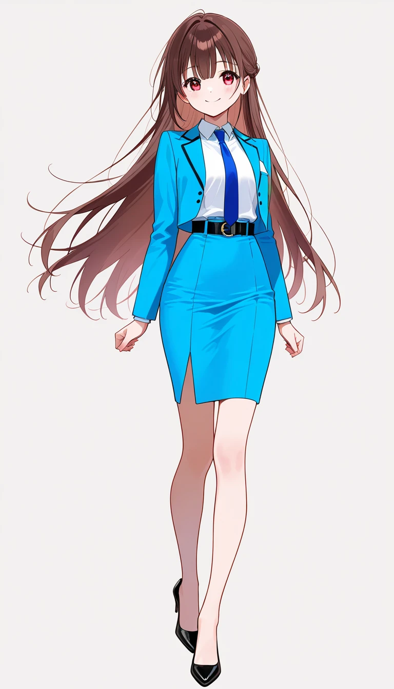 masterpiece、 top quality、Good quality、Love Minami、1 Girl、solo、 long hair on background、Brown Hair、 red eyes、bangs、smile、 full body style that reflects your whole body、Normal milk、 narrow waist 、Bare legs、 in a suit、Light blue jacket, collared shirt 、 white shirt、 blue tie,belt, light blue tight skirt , BLACK HEEL PUMPS、Anime Images、