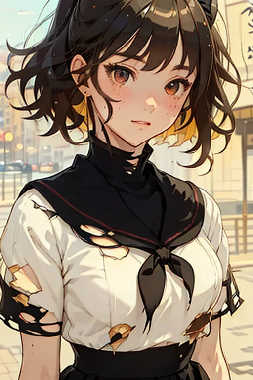 beautiful, masterpiece, top quality, extremely detailed face, perfect lighting, 1 girl, One, black serafuku, black skirt, golden hair, senketsu, torn clothes, underbust