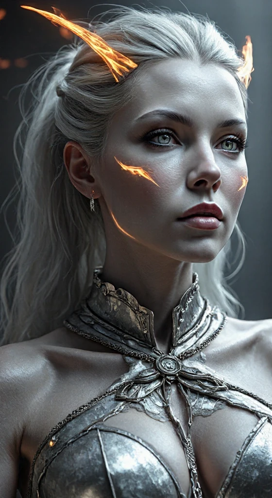 a young woman with fiery skin, isolated on a dark background, 4K resolution, ultra-detailed, photorealistic, dramatic lighting, cinematic, fantasy, digital art