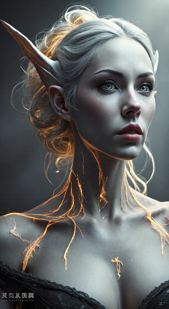 a young woman with fiery skin, isolated on a dark background, 4K resolution, ultra-detailed, photorealistic, dramatic lighting, cinematic, fantasy, digital art