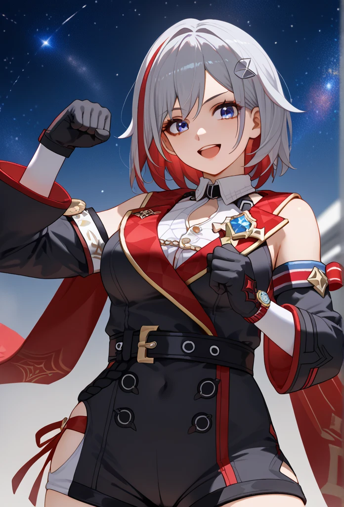  score_9,  score_8_up,  score_7_up,  source_Anime,  1 girl , ,  blue eyes, Red Hair,  white-haired, Grey Hair, multicoloRed Hair,  Bicolor Hair ,  striped hair, Colored inner hair,  shorthair,  hair ornament ,  Big Breasts , Bare Skin,  detached sleeve, gem,  white shirt,  colored shirt ,  clevis,  button gap ,  clevis cutout,  clothes cutout , Covered navel,  Black Gloves , elbow gloves, black belt,  black shorts ,  hip vent,  thigh strap to hide one ear, Mole on thigh,  red cloak, side cape ,  standing, the smell of topaz ,Topaz is a monkey fist wielder , Topaz is steeped in the smell of fighting , Topaz is learning martial arts self-defense techniques ,Topaz is in a normal posture , Topaz learned to fight from an early age , Topaz was raised by Irene in Virtua Fighter 5 to become a monkey fist, smile,  open mouth,  watch viewers, Wavy, hands on ,  portrait, close-up, indoor,  Space Station , Spaceship, starry null, star \(null\), moon, Namby, pig, animal, 