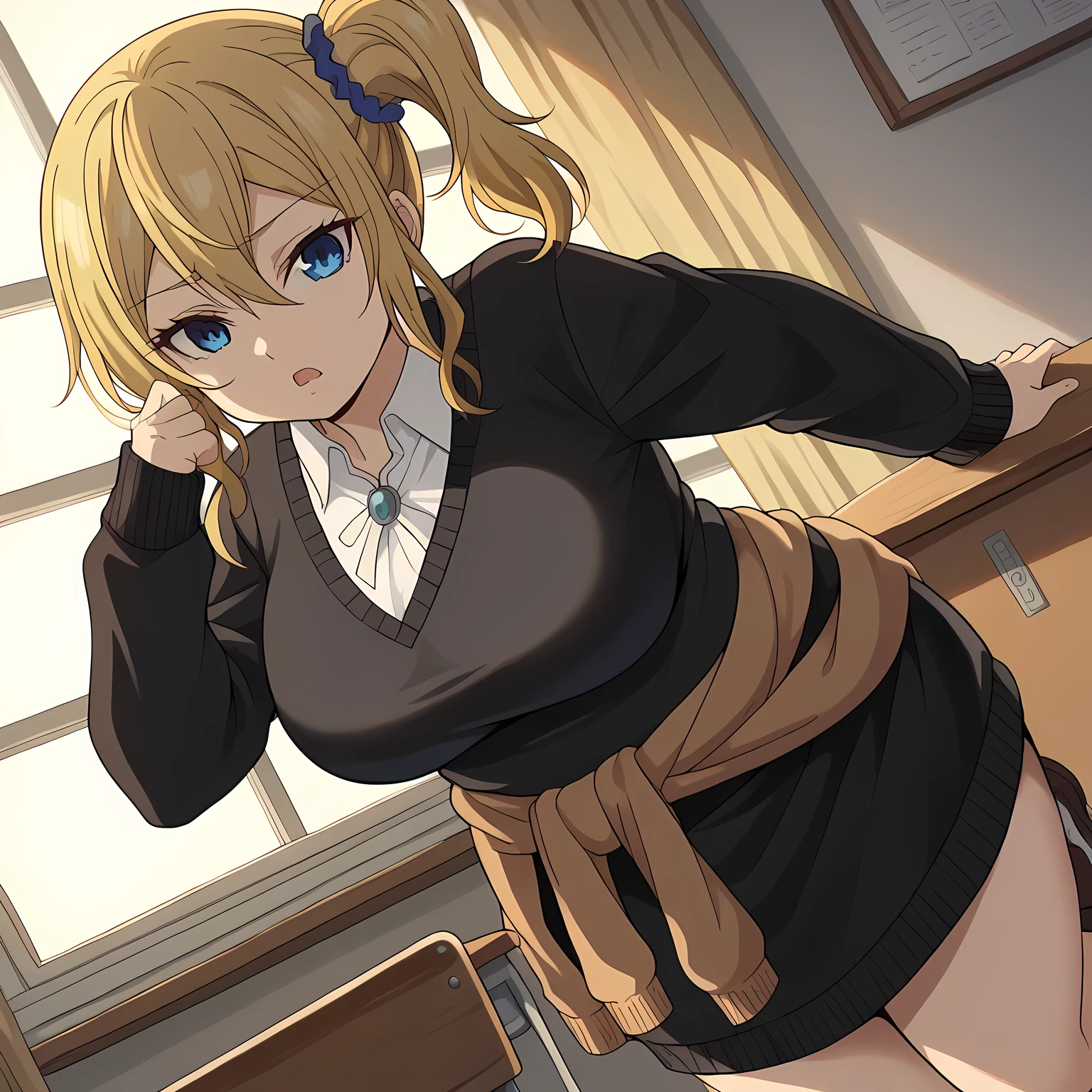 score_9, score_8_up, score_7_up, source_anime,
aihayasaka, ai hayasaka, bangs, blue eyes, blonde hair, hair ornament, hair between eyes, sidelocks, side ponytail, scrunchie, hair scrunchie, blue scrunchie,
shirt, long sleeves, school uniform, shoes, socks, sweater, cardigan, black socks, clothes around waist, shuuchiin academy school uniform, sweater around waist, cardigan around waist,
indoors, classroom, bent over,
looking at viewer, cowboy shot, dutch angle, solo, fat, chubby, obese, gigantic arms and legs, large breasts open mouth, out of breath